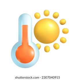 Sun with thermometer 3d vector illustration. Hot weather in summer and high temperature in cartoon style isolated on white background. Weather forecast, meteorology, global warming concept