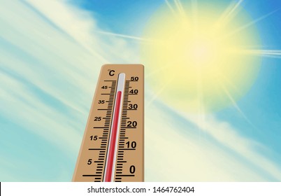 Sun and thermometer. The air temperature is more than 40 degrees Celsius. Global warming.