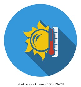 Sun and thermometer with high temperature icon. Flat design. Vector illustration.