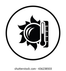 Sun and thermometer with high temperature icon. Thin circle design. Vector illustration.