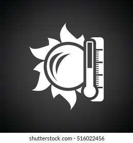 Sun and thermometer with high temperature icon. Black background with white. Vector illustration.