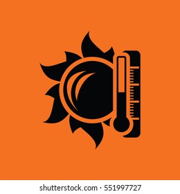 Sun and thermometer with high temperature icon. Orange background with black. Vector illustration.