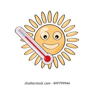 Sun and thermometer as a signs of hot summer. Illustration of sun in flat style isolated on white background.