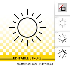 Sun thin line icon. Outline sign of sunny. Sunlight linear pictogram with different stroke width. Simple vector symbol, transparent background. Sun shine good weather editable stroke icon without fill