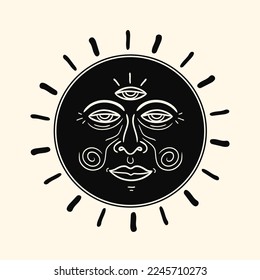 Sun with third eye print for t shirt.Vector graphic illustration.Sun,magic solar symbol print for t-shirt,logo,poster,sticker concept