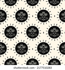 Sun with third eye seamless pattern wallpaper.Vector graphic illustration.Sun,magic solar symbol.sun face taro card,magic,witch,witchery seamless pattern wallpaper print concept