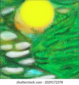 Sun through rocky hills with under ground lake