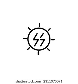 Sun with thunder energy power. Vector line icon black and white with green eco energy theme