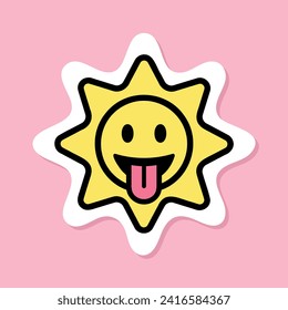 sun with tongue sticker, yellow symbol with black outline, cute cartoon sun face on pink background, groovy aesthetic vector design element