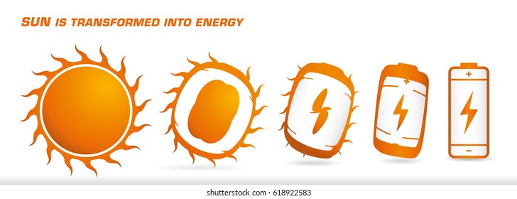 Sun is transformed into energy. Sequence of the transformation of the sun that becomes an electric battery - Renewable Energy - Vector image