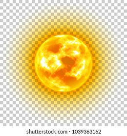 Sun, transparent background, heavenly body, cartoon, realistic. Star in center of solar system for illustrators. Vector illustration of celestial luminary