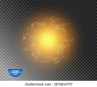 Sun, transparent effect with gold dust. Light, stars, and energy. The flash is round, a circle. vector object, overlays on an isolated background.
