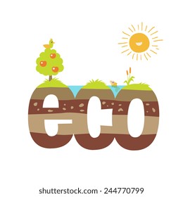 sun, tree, birds and ECO letters look like ground, ecology theme cartoon doodle style, vector illustration art.