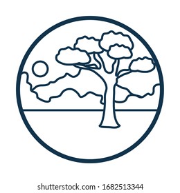 Vektorillustration von Sun- und Baumlinien-Stilbildern, Landscape-Landscape-Landscape-Naturökologie-Naturökologie-Naturökologie und Outdoor-Themengrafik