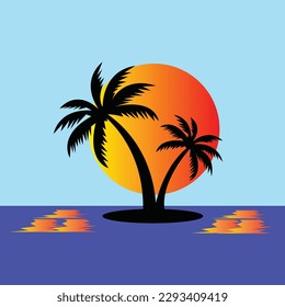 sun tree on the sea with blue water vector background drawing cartoon illustrations