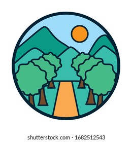 Diseño de iconos de línea y de relleno de sol y árboles, entorno ecológico paisajístico y paisajístico, conservación ecológica, medio ambiente y tema exterior. Ilustración vectorial