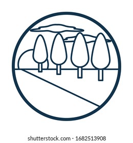 Sun and trees line style icon design, Landscape nature earth eco ecology conservation bio environment and outdoor theme Vector illustration