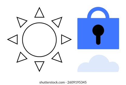 Sun with triangles around, blue padlock, and a grey cloud icon on a white background. Ideal for weather services, cloud storage, data security, sunshine, and cloud services. Simple vector style