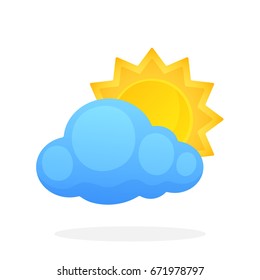 Sun with triangular rays disappeared behind a cloud isolated on white background. Vector illustration in flat style. Weather symbol 