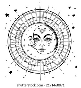 Sun and Triple moon pagan Wicca moon goddess symbol. Three-faced Goddess: Maiden – Mother – Crone isolated vector illustration.  Tattoo, astrology, alchemy, boho and magic symbol. Coloring book.
