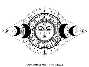 Sun and Triple moon pagan Wicca moon goddess symbol. Three-faced Goddess: Maiden – Mother – Crone isolated vector illustration.  Tattoo, astrology, alchemy, boho and magic symbol. Coloring book.
