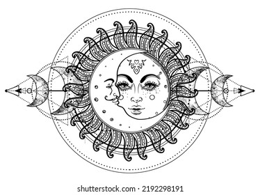 Sun and Triple moon pagan Wicca moon goddess symbol. Three-faced Goddess: Maiden – Mother – Crone isolated vector illustration.  Tattoo, astrology, alchemy, boho and magic symbol. Coloring book.
