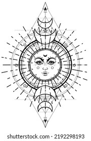 Sun and Triple moon pagan Wicca moon goddess symbol. Three-faced Goddess: Maiden – Mother – Crone isolated vector illustration.  Tattoo, astrology, alchemy, boho and magic symbol. Coloring book.
