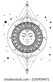 Sun and Triple moon pagan Wicca moon goddess symbol. Three-faced Goddess: Maiden – Mother – Crone isolated vector illustration.  Tattoo, astrology, alchemy, boho and magic symbol. Coloring book.
