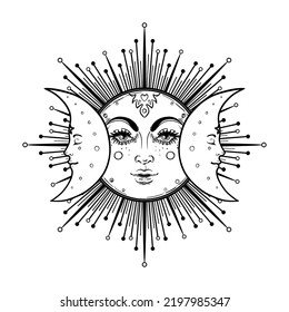 Símbolo de la diosa pagana de la luna Wicca de sol y triple luna. Diosa de tres caras: Empleada - Madre - Crona ilustración vectorial aislada.  Tatuaje, astrología, alquimia, boho y símbolo mágico. Libro de colorear.
