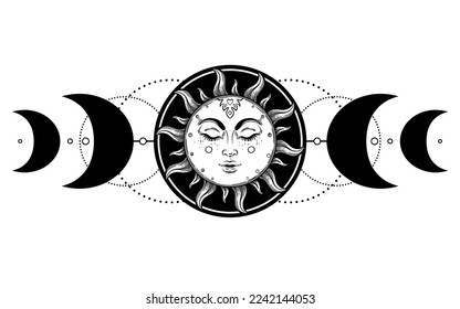 Sun and Triple moon pagan Wicca moon goddess symbol. Three-faced Goddess: Maiden – Mother – Crone isolated vector illustration.  Tattoo, astrology, alchemy, boho and magic symbol. Coloring book.
