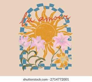 Sol con ilustraciones de flores tropicales. Obra gráfica de Sun. Diseño de arte abstracto. Buen día de verano.