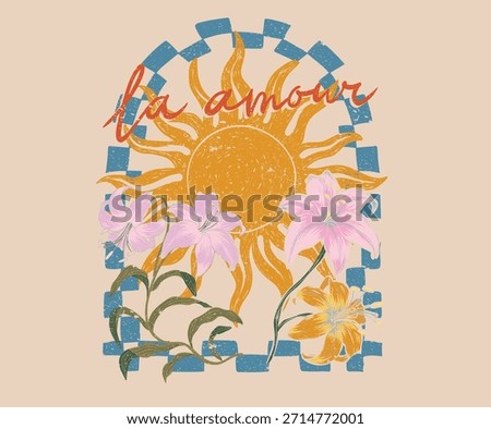 Sun with tropical flower artwork. Sun graphic artwork. Tropical abstract art design. Summer good day.
