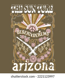 el sun ture arizona, la vaca del desierto, arte gráfico estatal del desierto de Arizona para ropa, camiseta, pegatina, afiche, papel pintado y otros.