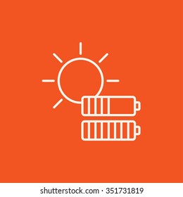Sol con dos baterías icono de línea para web, móvil e infografía. Icono blanco vector aislado en fondo rojo.