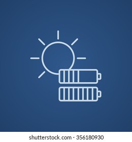 Sun with two batteries line icon for web, mobile and infographics. Vector light blue icon isolated on blue background.