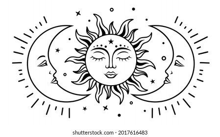 Sun   two moon and faces  Celestial design  Vector silhouette illustration  Symbols magic   alchemy  Boho mystical sign  Witchy print 