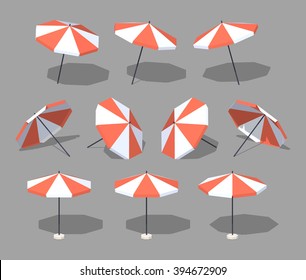 Sun umbrella. 3D lowpoly isometric vector illustration. The set of objects isolated against the grey background and shown from different sides