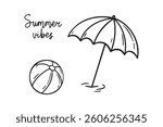 sun umbrella and beach ball summer vibes icon doodle hand drawn. Outline line drawing clipart symbol. Vector illustration
