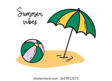 sun umbrella and beach ball summer vibes icon doodle hand drawn. Cartoon colorful line drawing clipart symbol. Vector illustration