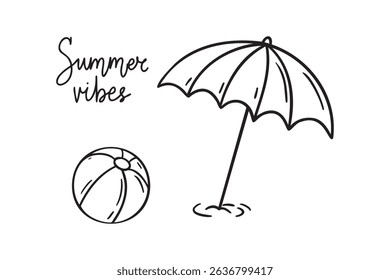 sun umbrella and beach ball summer vibes icon doodle hand drawn. Outline line drawing clipart symbol. Vector illustration