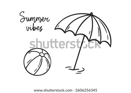 sun umbrella and beach ball summer vibes icon doodle hand drawn. Outline line drawing clipart symbol. Vector illustration