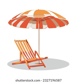 Sun umbrella, chaise longue chair isolated on white background. Vector emblem.