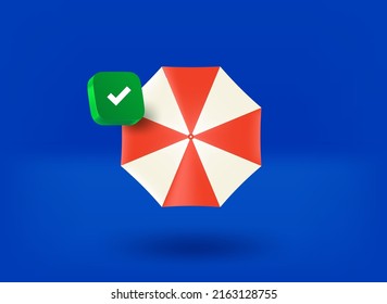 Paraguas de sol con icono de marca de verificación. 3.ª ilustración vectorial