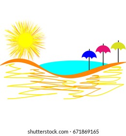 Sun with umbrella isolated on white background. Vector illustration.