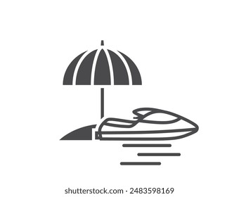 sun umbrella and jet ski icon. summer beach activity and vacation symbol. isolated vector image for tourism design