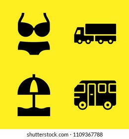 sun umbrella, lorry, bus and bikini vector icon set. Sample icons set for web and graphic design