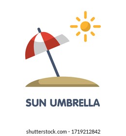 Sun, umbrella on the beach in summer flat icon vector illustration design on white background