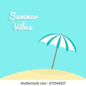 Sun umbrella on sandy beach. Summer vibes vector illustration