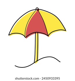 Sun umbrella Outline icon with Color Shapes, travel tourism, parasol. Hand Drawn Doodle Beach Sunshade for Relaxation in Hot Weather. Design Object for Print, Card, Logo. Vacation Graphic Element