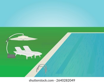 Sun umbrella and sunbeds on pool. vector